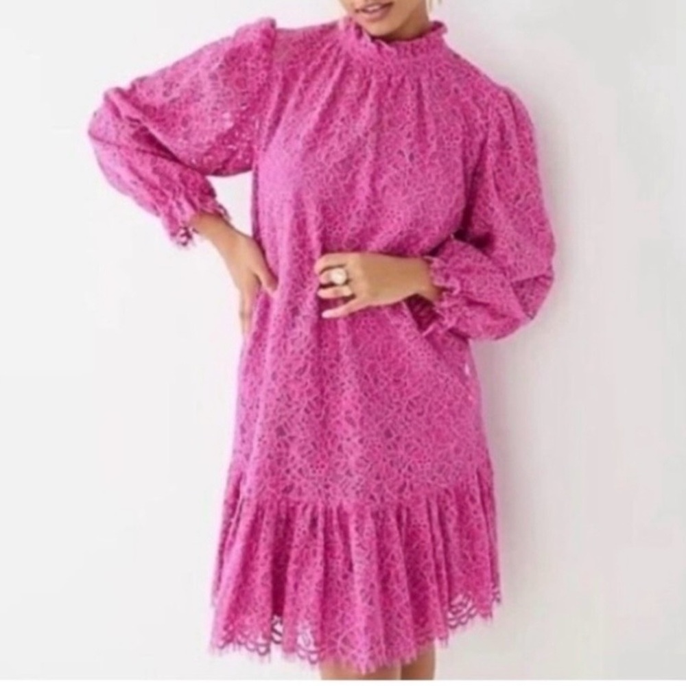 J. Crew Ruffleneck Lace Womens Dress Sz M Pink Feminine Puff Long Sleeve